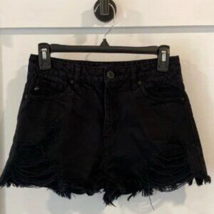 KANCAN black denim frayed shorts